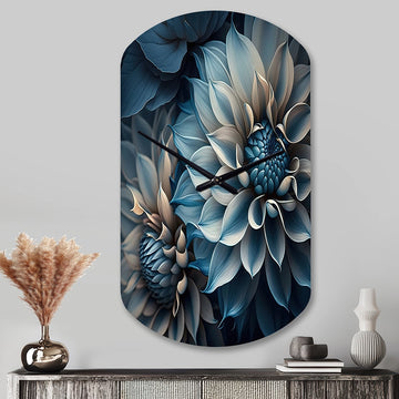 Dahlia Flowers Blue And White II - Asymmetric Metal Wall Clock